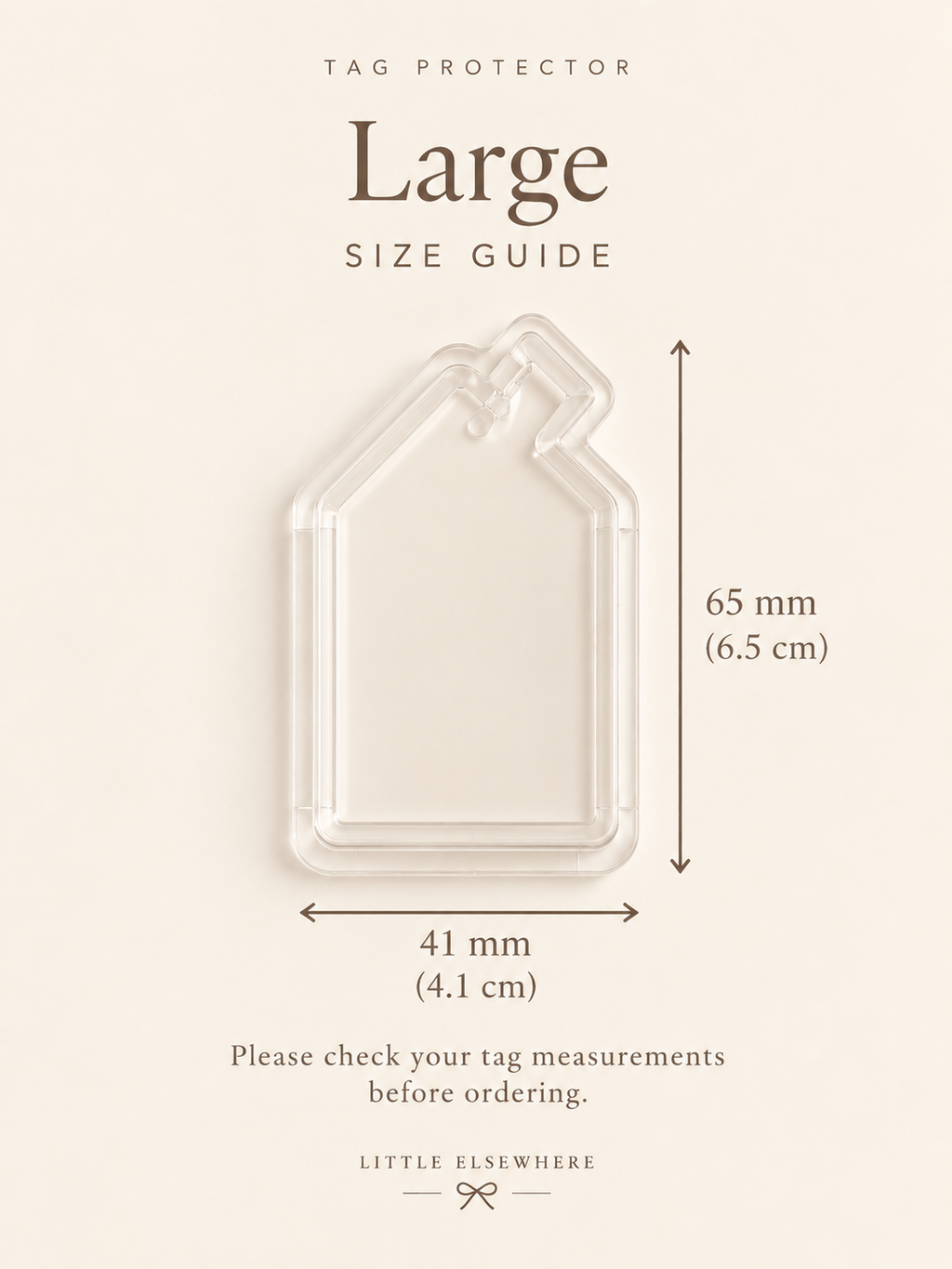 Large clear tag protector size guide showing 65 x 41mm dimensions