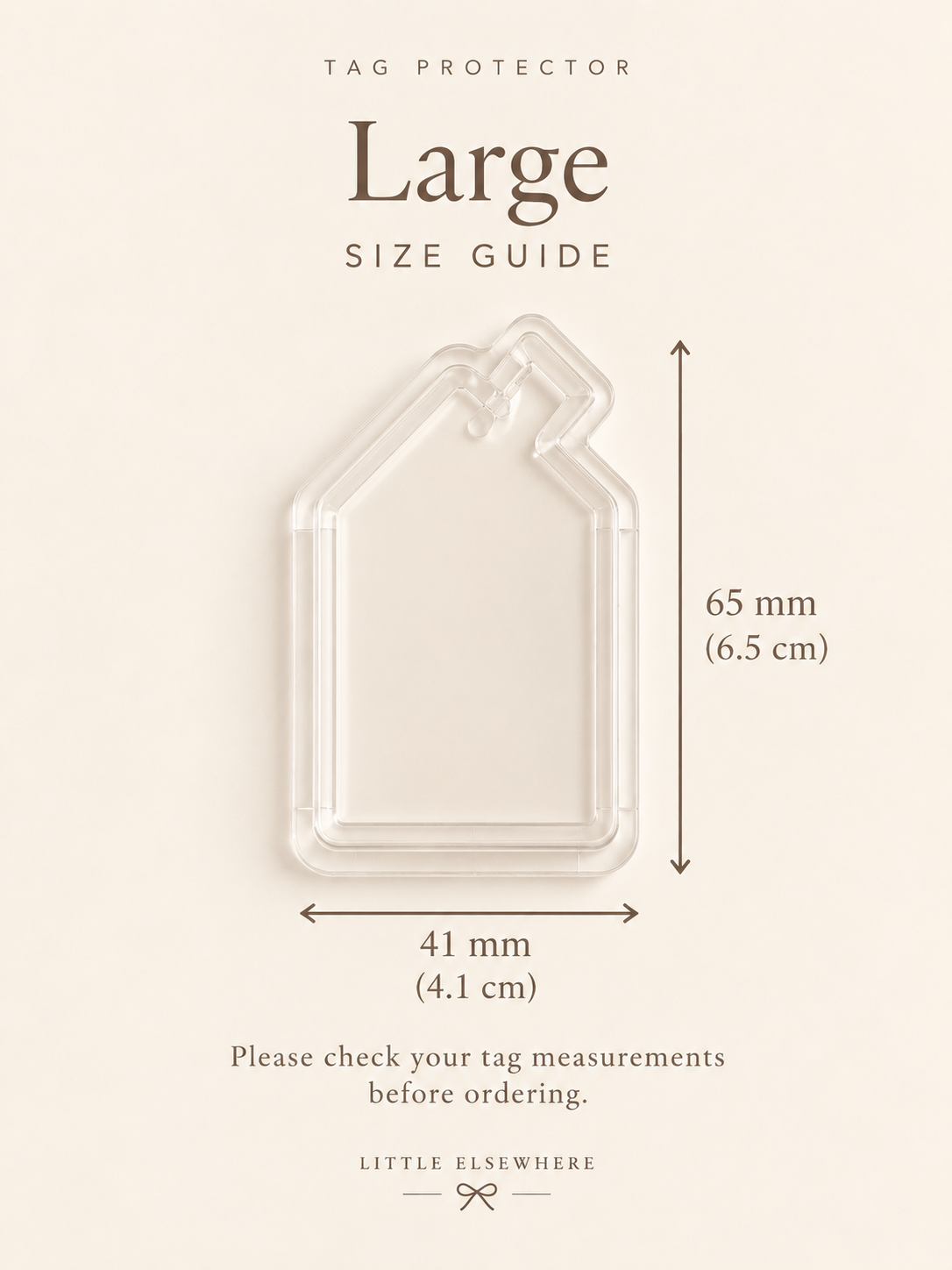 Large clear tag protector size guide showing 65 x 41mm dimensions