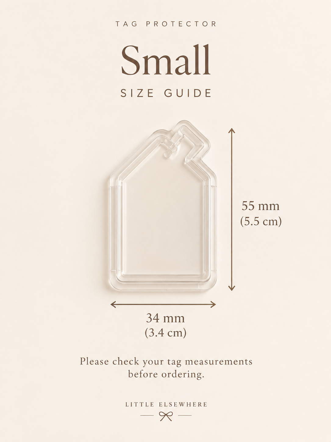 Small clear tag protector size guide showing 55 x 34mm dimensions