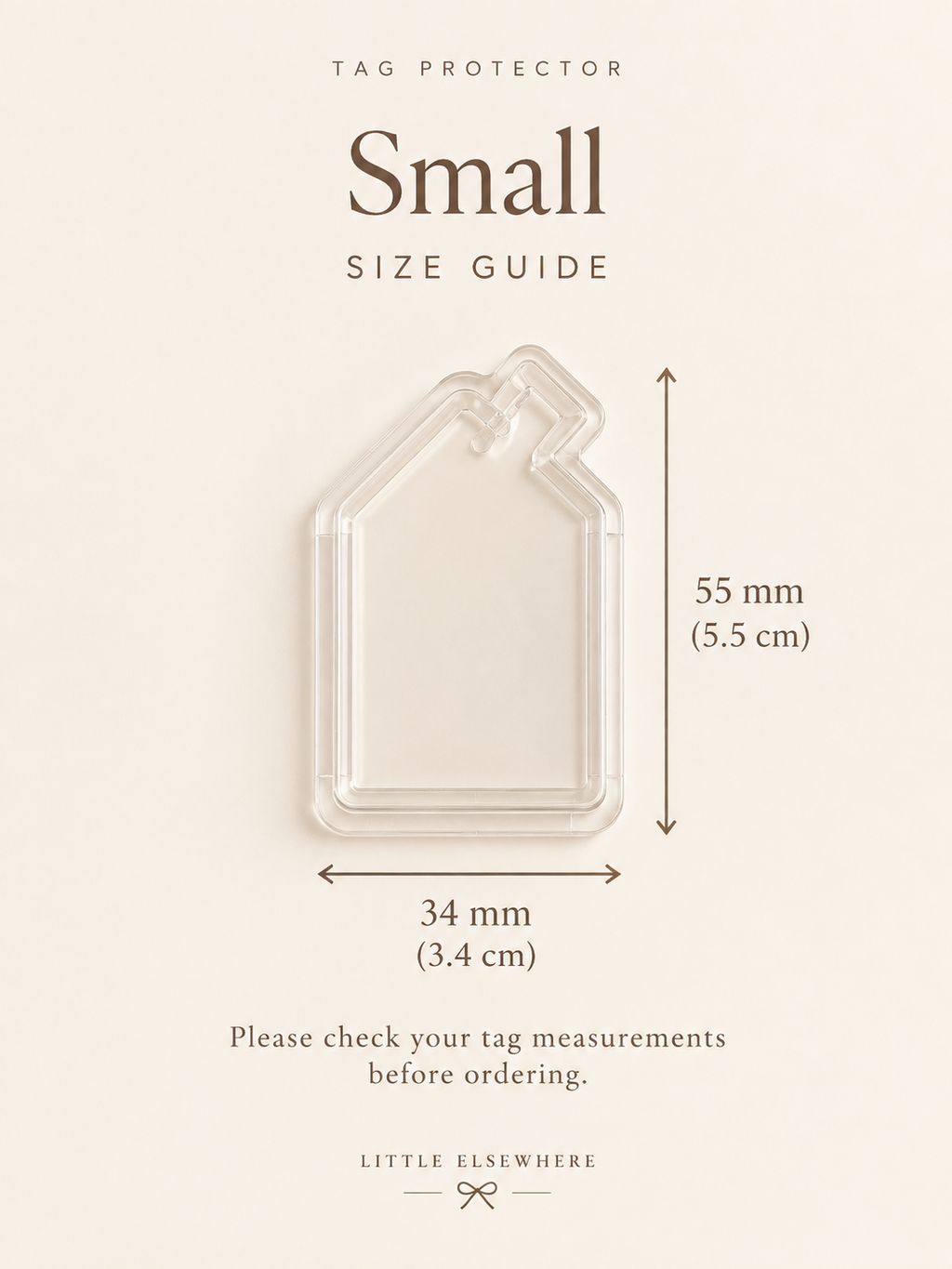 Small clear tag protector size guide showing 55 x 34mm dimensions