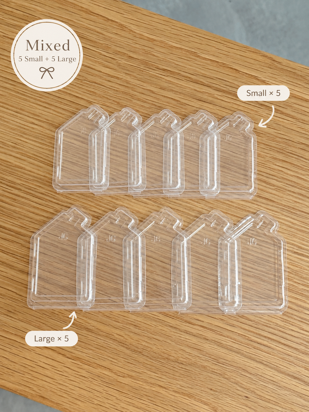 Mixed pack of 10 clear tag protectors with 5 Small and 5 Large