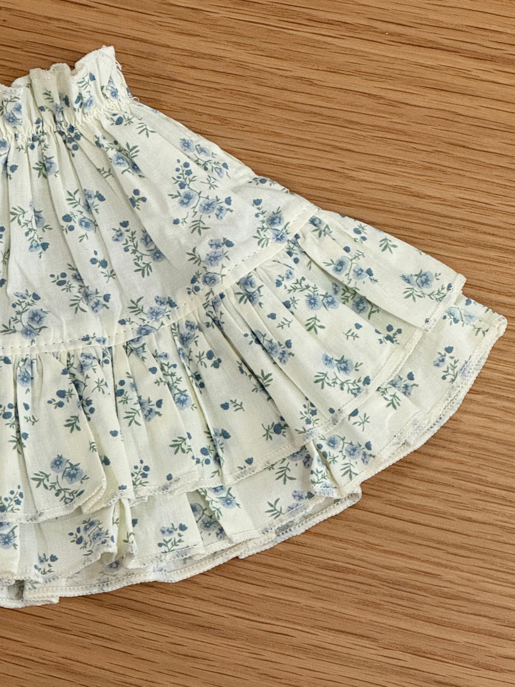Close-up of the layered ruffle detailing on a blue floral dress for a plush bunny