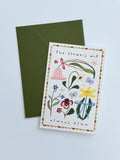 Always Bloom illustrated greeting card with colourful flowers, butterflies and coordinating green envelop