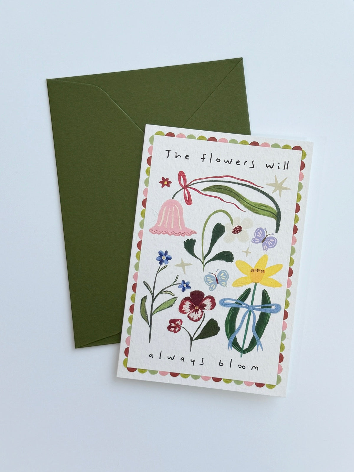 Always Bloom illustrated greeting card with colourful flowers, butterflies and coordinating green envelop